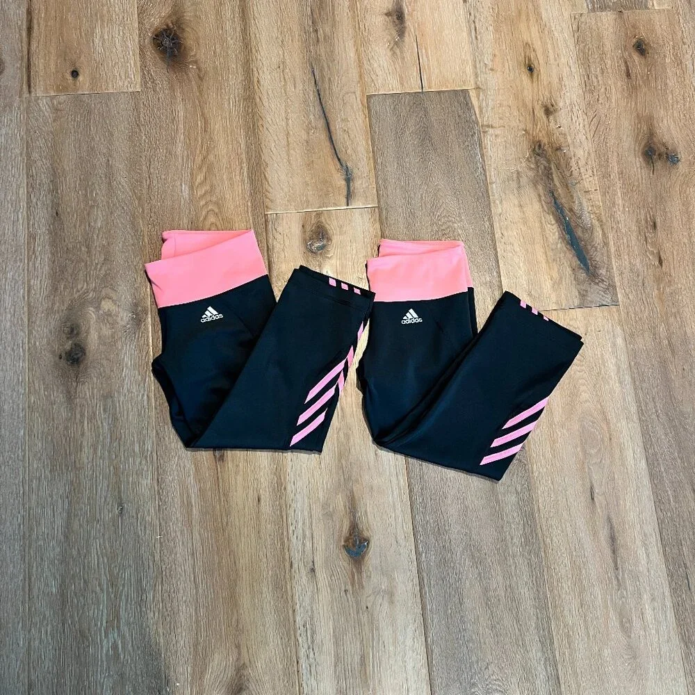 Adidas Leggings Dark Gray with Pink Trim TWO Pairs Size S - Picture 1 of 6
